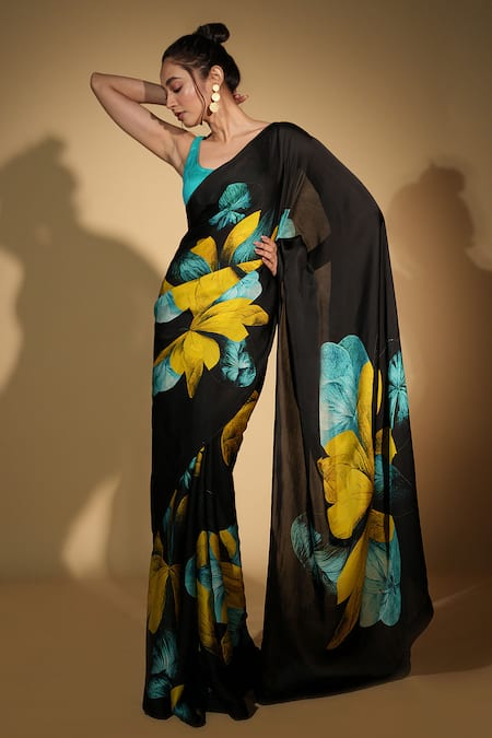 Shop_ISADAA BY ROTNA DUTT_Black Georgette Digital Printed Saree With Satin Border _Online_at_Aza_Fashions
