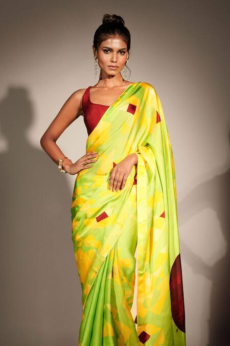 ISADAA BY ROTNA DUTT_Green Georgette Digital Printed Saree With Satin Border _Online_at_Aza_Fashions