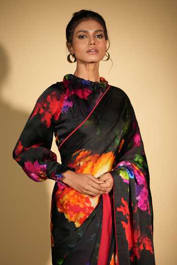 ISADAA BY ROTNA DUTT_Black Georgette Digital Printed Saree With Satin Border _Online_at_Aza_Fashions