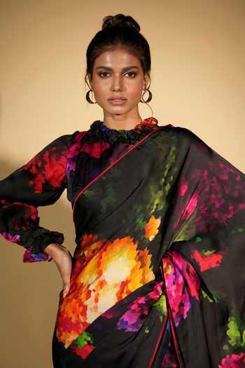 Buy_ISADAA BY ROTNA DUTT_Black Georgette Digital Printed Saree With Satin Border _Online_at_Aza_Fashions