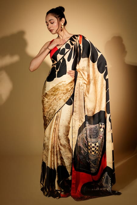ISADAA BY ROTNA DUTT_Beige Georgette Digital Print Saree With Satin Border _Online_at_Aza_Fashions