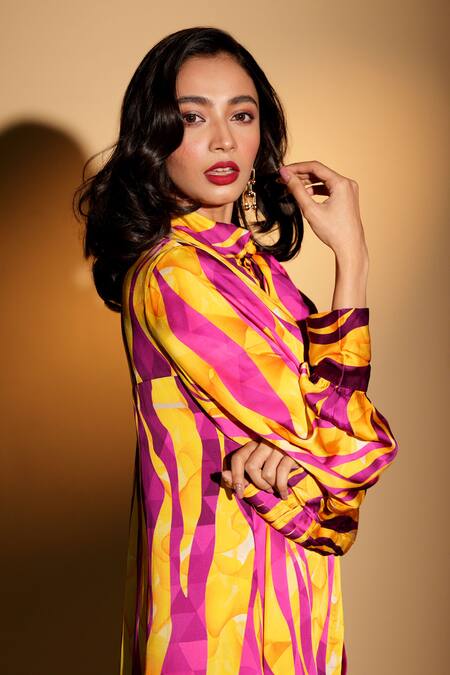 ISADAA BY ROTNA DUTT_Yellow Satin, Georgette Collared Digital Printed Shirt Dress _Online_at_Aza_Fashions