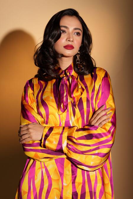 Buy_ISADAA BY ROTNA DUTT_Yellow Satin, Georgette Collared Digital Printed Shirt Dress _Online_at_Aza_Fashions