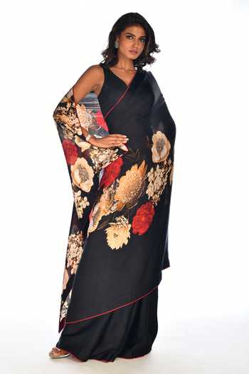 ISADAA BY ROTNA DUTT_Black Georgette Digital Printed Saree With Satin Border _Online_at_Aza_Fashions