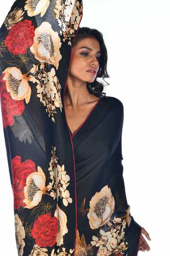 Buy_ISADAA BY ROTNA DUTT_Black Georgette Digital Printed Saree With Satin Border _Online_at_Aza_Fashions
