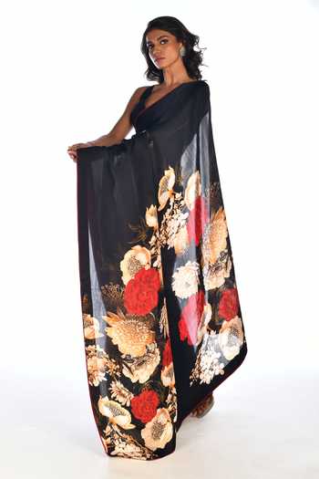 ISADAA BY ROTNA DUTT_Black Georgette Digital Printed Saree With Satin Border _at_Aza_Fashions