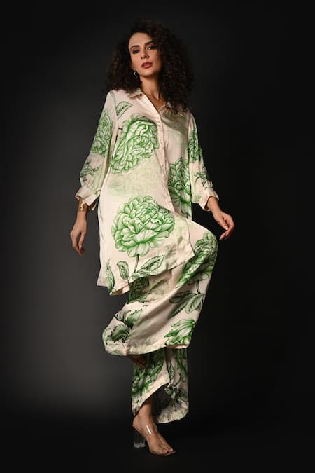 ISADAA BY ROTNA DUTT_Off White Satin, Georgette Collared Digital Printed Floral Kurta And Palazzo Set _Online_at_Aza_Fashions