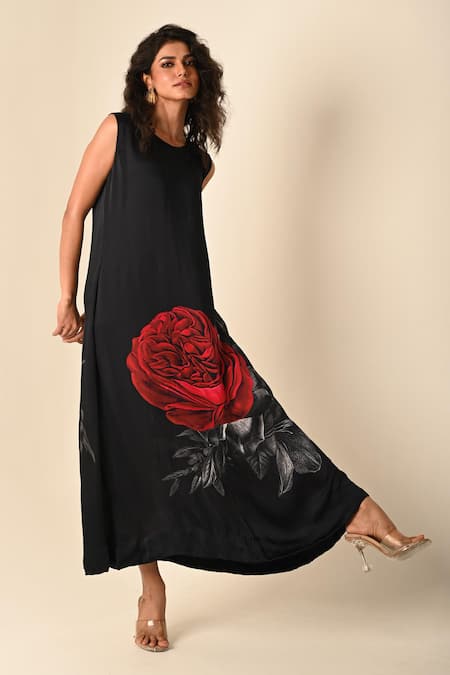 ISADAA BY ROTNA DUTT_Black Satin, Georgette Round Neck Digital Print Rose Motif Dress _Online_at_Aza_Fashions