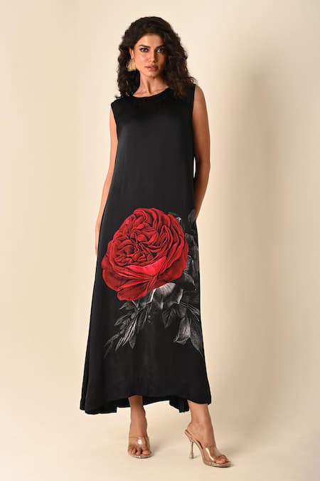 ISADAA BY ROTNA DUTT Digital Print Rose Motif Satin Georgette Dress 