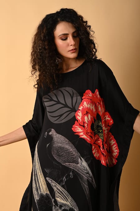 ISADAA BY ROTNA DUTT_Black Satin, Georgette Round Neck Digital Print Kaftan And Pant Set _Online_at_Aza_Fashions