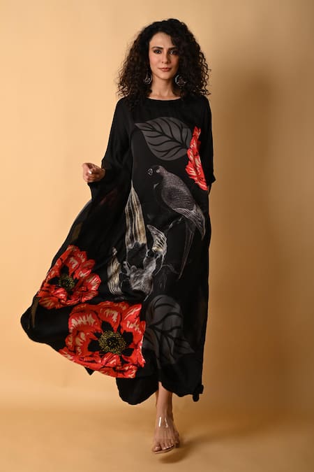 Buy_ISADAA BY ROTNA DUTT_Black Satin, Georgette Round Neck Digital Print Kaftan And Pant Set _Online_at_Aza_Fashions