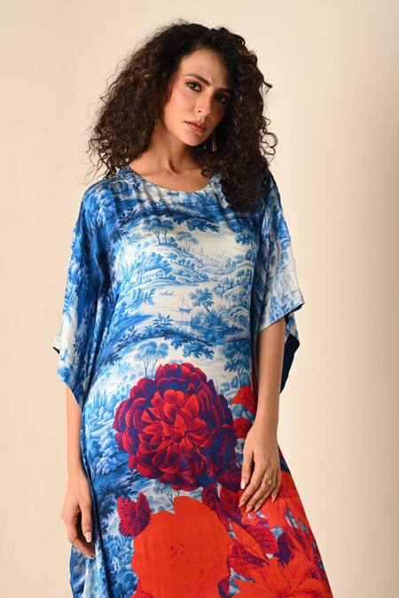 ISADAA BY ROTNA DUTT_Blue Satin, Georgette Round Neck Digital Printed Kaftan And Pant Set _Online_at_Aza_Fashions