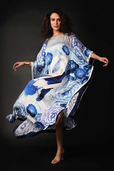 ISADAA BY ROTNA DUTT_Blue Satin, Georgette Round Neck Digital Printed Kaftan _Online_at_Aza_Fashions