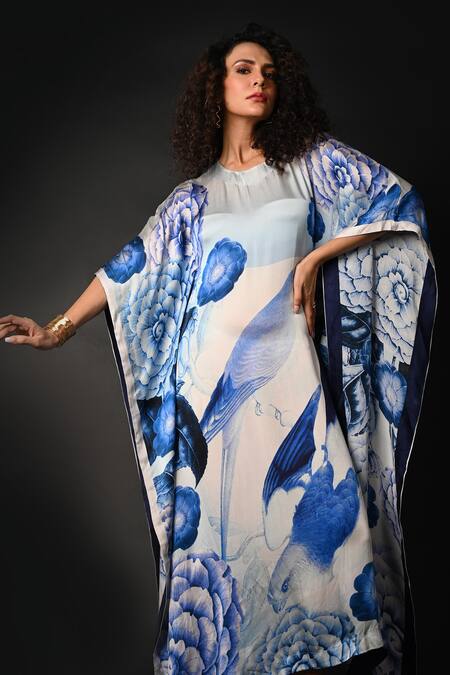 Buy_ISADAA BY ROTNA DUTT_Blue Satin, Georgette Round Neck Digital Printed Kaftan _Online_at_Aza_Fashions