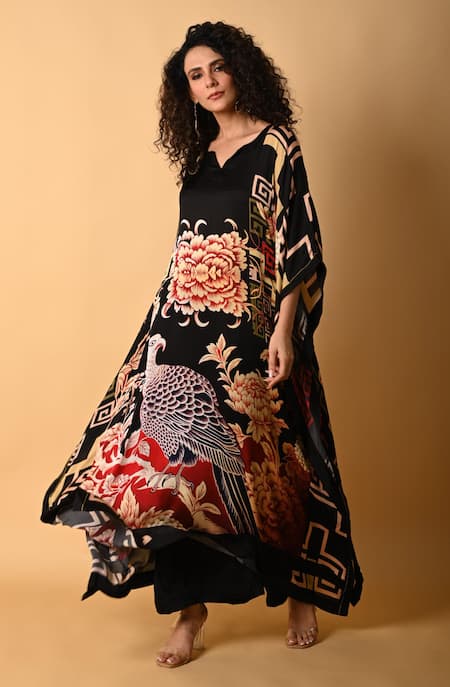 Buy_ISADAA BY ROTNA DUTT_Black Satin, Georgette V-neck Digital Print Kaftan And Pant Set _Online_at_Aza_Fashions