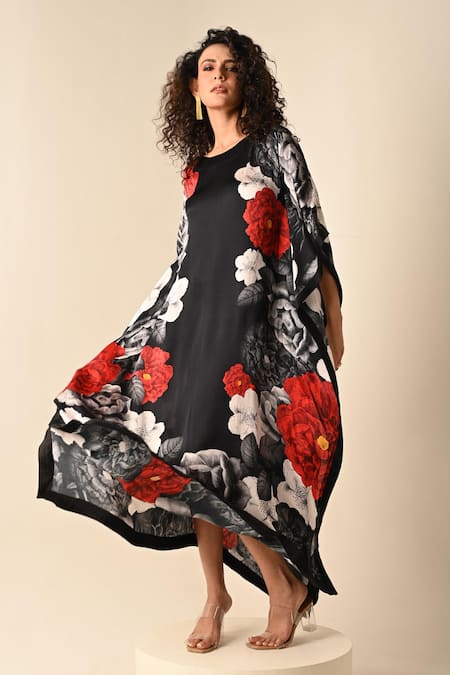 ISADAA BY ROTNA DUTT Black Georgette Round Neck Digital Print Satin Kaftan 