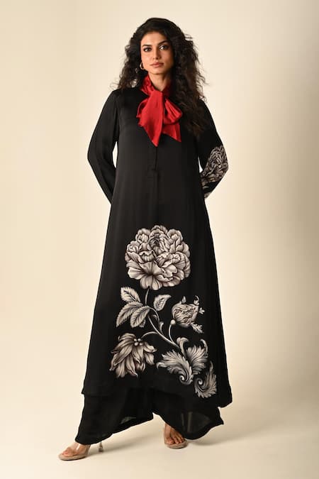 ISADAA BY ROTNA DUTT Black Satin, Georgette Round Neck Digital Printed Floral Kurta And Pant Set 