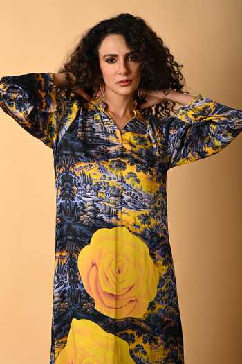 Shop_ISADAA BY ROTNA DUTT_Blue Satin, Georgette Split V-neck Digital Printed Kurta And Palazzo Set _Online_at_Aza_Fashions
