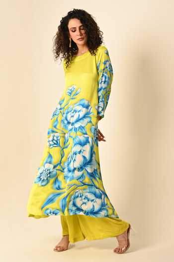 ISADAA BY ROTNA DUTT Green Satin, Georgette Round Neck Digital Printed Floral Kurta And Pant Set Online at Aza Fashions ISADAA BY ROTNA DUTT_Green Satin, Georgette Round Neck Digital Printed Floral Kurta And Pant Set _Online_at_Aza_Fashions