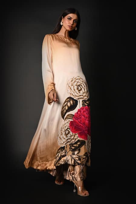ISADAA BY ROTNA DUTT_Beige Satin, Georgette Boat Neck Digital Floral Print Kurta And Pant Set _Online_at_Aza_Fashions