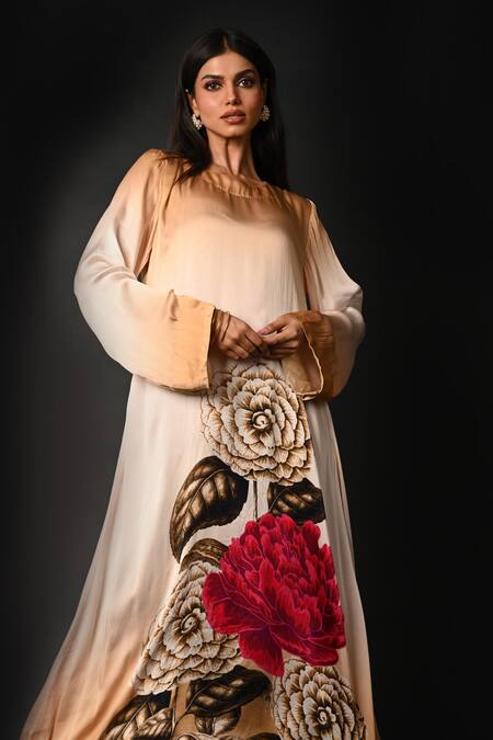 Buy_ISADAA BY ROTNA DUTT_Beige Satin, Georgette Boat Neck Digital Floral Print Kurta And Pant Set _Online_at_Aza_Fashions