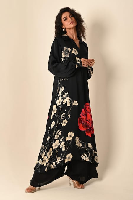 ISADAA BY ROTNA DUTT Black Satin, Georgette Collared, V-neck Digital Printed Kurta And Palazzo Set Online at Aza Fashions ISADAA BY ROTNA DUTT_Black Satin, Georgette Collared, V-neck Digital Printed Kurta And Palazzo Set _Online_at_Aza_Fashions