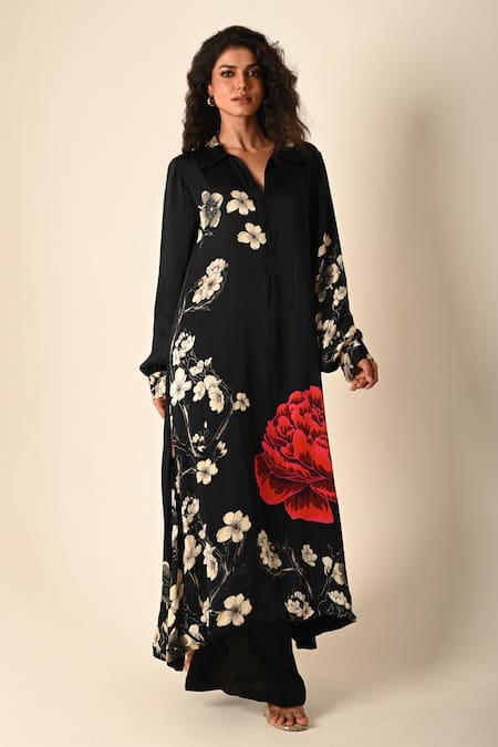 ISADAA BY ROTNA DUTT Black Satin, Georgette Collared, V-neck Digital Printed Kurta And Palazzo Set 