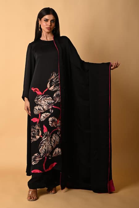 ISADAA BY ROTNA DUTT Black Satin, Georgette, Organza Round Digital Printed Kurta, Pant And Dupatta Set 