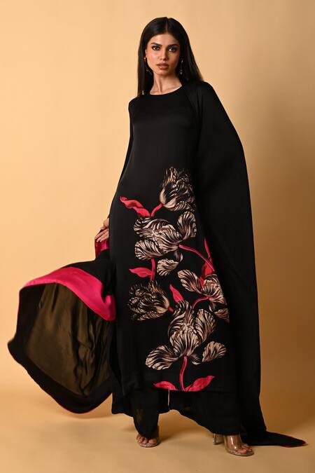 ISADAA BY ROTNA DUTT Black Satin, Georgette, Organza Round Digital Printed Kurta, Pant And Dupatta Set Online at Aza Fashions ISADAA BY ROTNA DUTT_Black Satin, Georgette, Organza Round Digital Printed Kurta, Pant And Dupatta Set _Online_at_Aza_Fashions