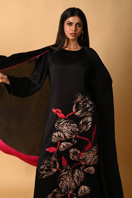 Shop ISADAA BY ROTNA DUTT Black Satin, Georgette, Organza Round Digital Printed Kurta, Pant And Dupatta Set Online at Aza Fashions Shop_ISADAA BY ROTNA DUTT_Black Satin, Georgette, Organza Round Digital Printed Kurta, Pant And Dupatta Set _Online_at_Aza_Fashions