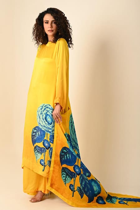 ISADAA BY ROTNA DUTT_Yellow Satin, Georgette, Organza Round Digital Printed Kurta Set With Dupatta _Online_at_Aza_Fashions