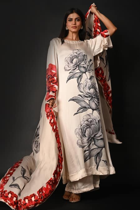 ISADAA BY ROTNA DUTT White Satin, Georgette, Organza Round Digital Printed Kurta, Pant And Dupatta Set 