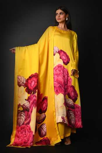 Shop_ISADAA BY ROTNA DUTT_Yellow Satin, Georgette, Organza Round Digital Print Kurta, Pant And Dupatta Set _Online_at_Aza_Fashions