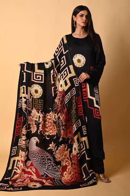 ISADAA BY ROTNA DUTT_Black Satin, Georgette, Organza Round Digital Print Kurta Palazzo And Dupatta Set _Online_at_Aza_Fashions