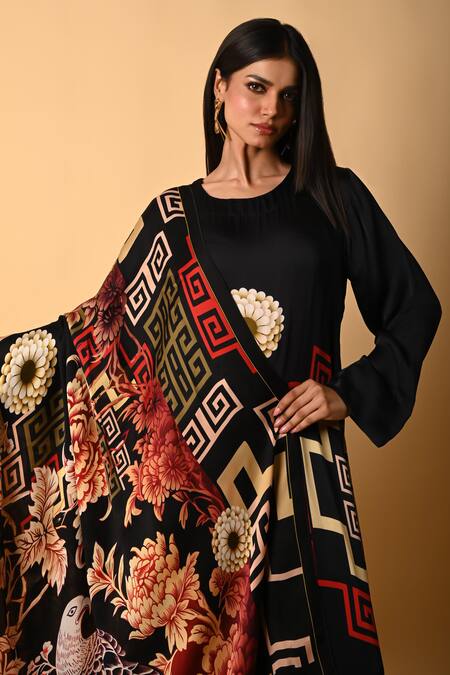Buy_ISADAA BY ROTNA DUTT_Black Satin, Georgette, Organza Round Digital Print Kurta Palazzo And Dupatta Set _Online_at_Aza_Fashions