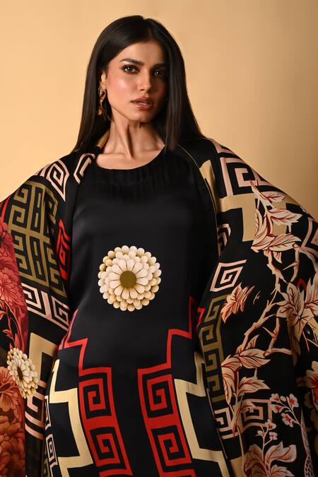 Shop_ISADAA BY ROTNA DUTT_Black Satin, Georgette, Organza Round Digital Print Kurta Palazzo And Dupatta Set _Online_at_Aza_Fashions