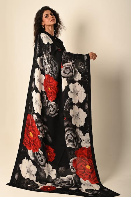 Shop_ISADAA BY ROTNA DUTT_Black Satin, Georgette, Organza Split V-neck Digital Print Kurta Set _Online_at_Aza_Fashions