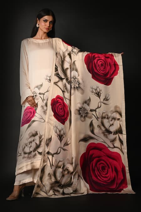 Buy ISADAA BY ROTNA DUTT White Satin, Georgette, Organza Boat Digital Printed Kurta, Pant And Dupatta Set Online at Aza Fashions Buy_ISADAA BY ROTNA DUTT_White Satin, Georgette, Organza Boat Digital Printed Kurta, Pant And Dupatta Set _Online_at_Aza_Fashions