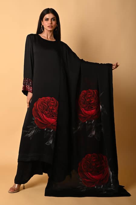 ISADAA BY ROTNA DUTT Black Satin, Georgette, Organza Digital Rose Print Kurta Pant Dupatta Set Online at Aza Fashions ISADAA BY ROTNA DUTT_Black Satin, Georgette, Organza Digital Rose Print Kurta Pant Dupatta Set _Online_at_Aza_Fashions