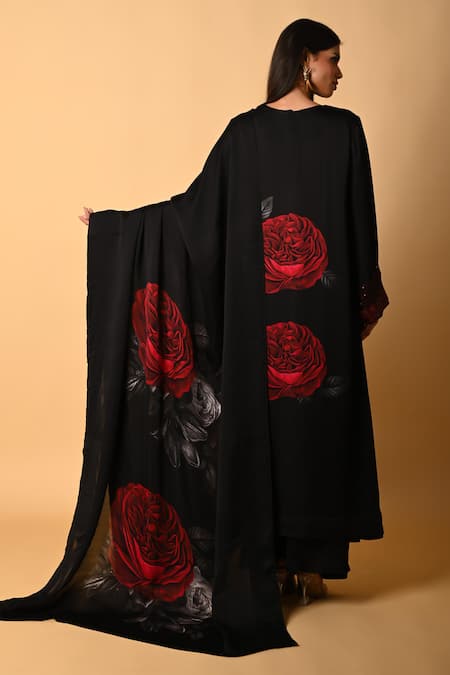 Shop ISADAA BY ROTNA DUTT Black Satin, Georgette, Organza Digital Rose Print Kurta Pant Dupatta Set at Aza Fashions Shop_ISADAA BY ROTNA DUTT_Black Satin, Georgette, Organza Digital Rose Print Kurta Pant Dupatta Set _at_Aza_Fashions