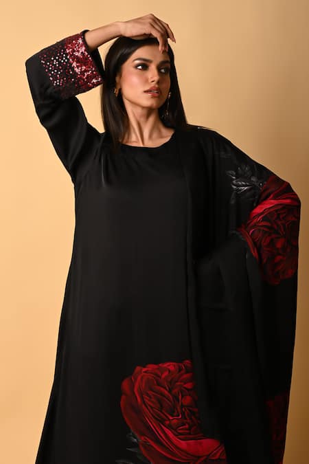 Buy ISADAA BY ROTNA DUTT Black Satin, Georgette, Organza Digital Rose Print Kurta Pant Dupatta Set Online at Aza Fashions Buy_ISADAA BY ROTNA DUTT_Black Satin, Georgette, Organza Digital Rose Print Kurta Pant Dupatta Set _Online_at_Aza_Fashions