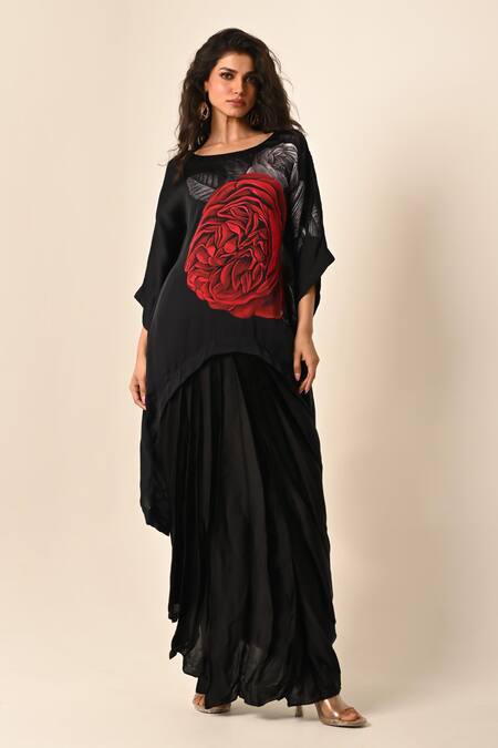 ISADAA BY ROTNA DUTT_Black Satin, Georgette Round Neck Digital Print Kaftan And Draped Skirt _Online_at_Aza_Fashions