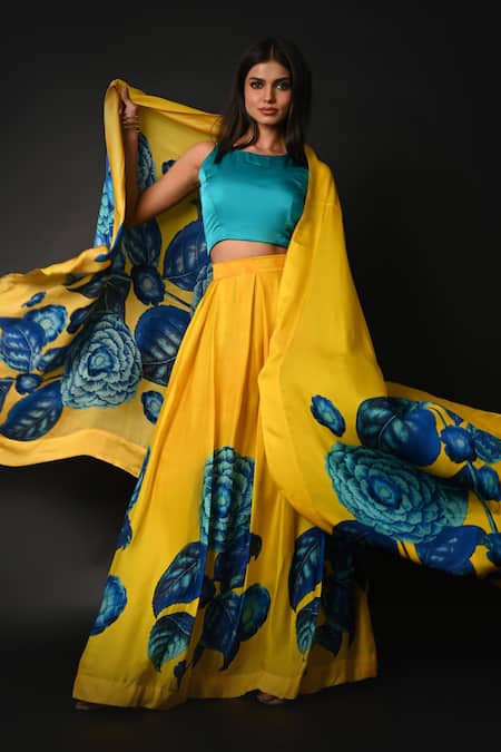 ISADAA BY ROTNA DUTT_Teal Satin, Georgette, Organza Round Neck Digital Print Lehenga Set With Dupatta _Online_at_Aza_Fashions