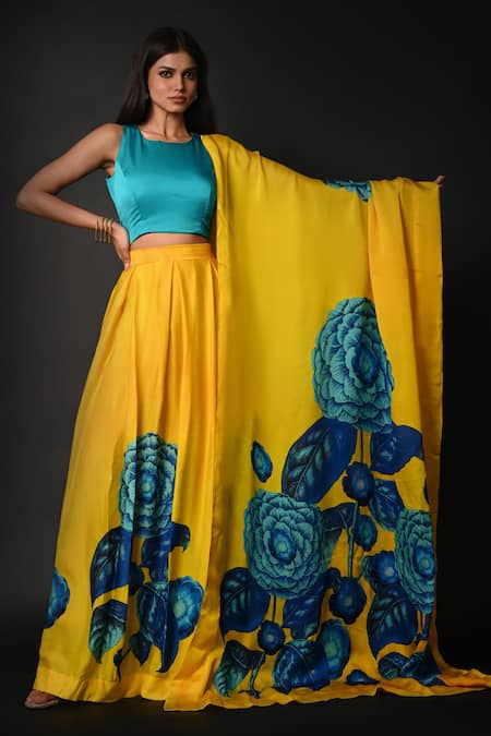 Shop_ISADAA BY ROTNA DUTT_Teal Satin, Georgette, Organza Round Neck Digital Print Lehenga Set With Dupatta _Online_at_Aza_Fashions