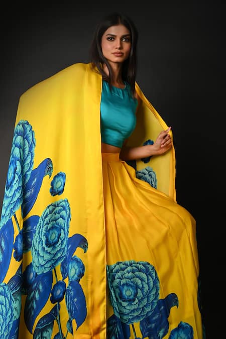 ISADAA BY ROTNA DUTT_Teal Satin, Georgette, Organza Round Neck Digital Print Lehenga Set With Dupatta _at_Aza_Fashions