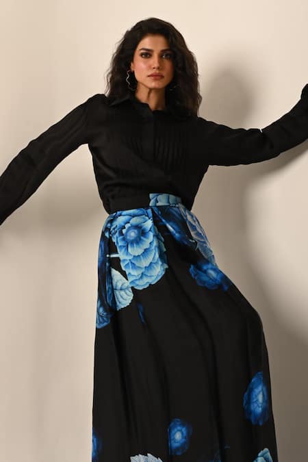 ISADAA BY ROTNA DUTT_Black Satin, Organza Collared Digital Printed Skirt And Pleated Shirt _Online_at_Aza_Fashions