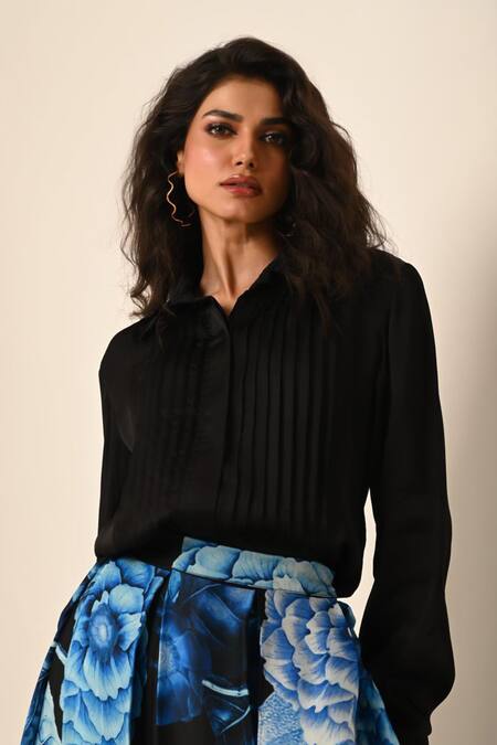 Buy_ISADAA BY ROTNA DUTT_Black Satin, Organza Collared Digital Printed Skirt And Pleated Shirt _Online_at_Aza_Fashions