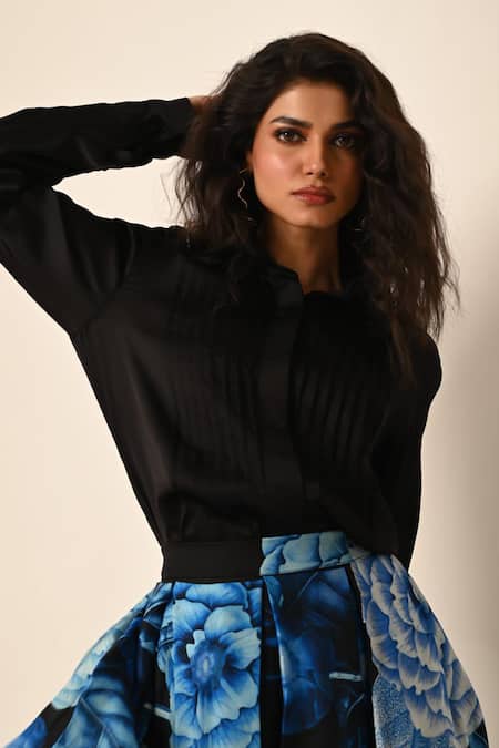 Shop_ISADAA BY ROTNA DUTT_Black Satin, Organza Collared Digital Printed Skirt And Pleated Shirt _Online_at_Aza_Fashions