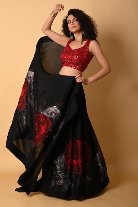 ISADAA BY ROTNA DUTT_Red Satin, Georgette, Organza Sequins Digital Printed Lehenga Set With Blouse _Online_at_Aza_Fashions