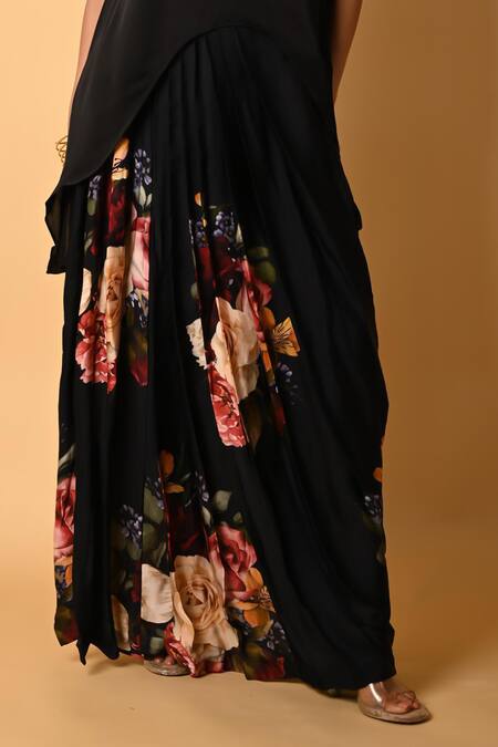 Buy_ISADAA BY ROTNA DUTT_Black Satin, Georgette Halter Neck Digital Printed Floral Skirt And Top Set _Online_at_Aza_Fashions